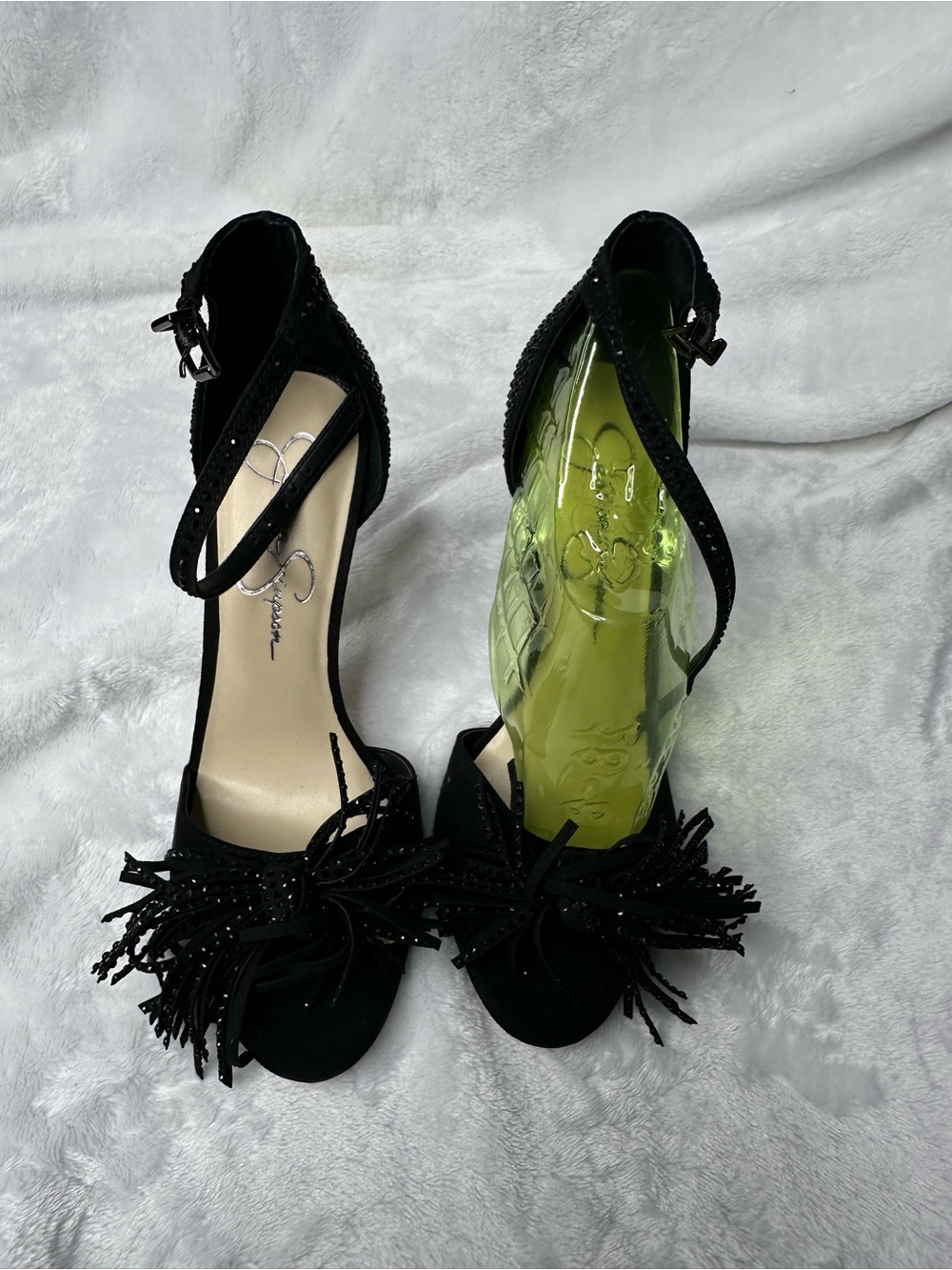 Jessica Simpson Black Fringe Ankle-Strap Heels with Sparkle